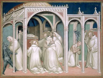 Der Heilige befreit einen besessenen Mönch, Detail aus dem Leben des Heiligen Benedikt, in der Sakristei, 1387